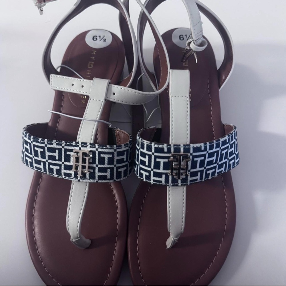Tommy Hilfiger Women's White and Brown Sandals with Blue Pattern